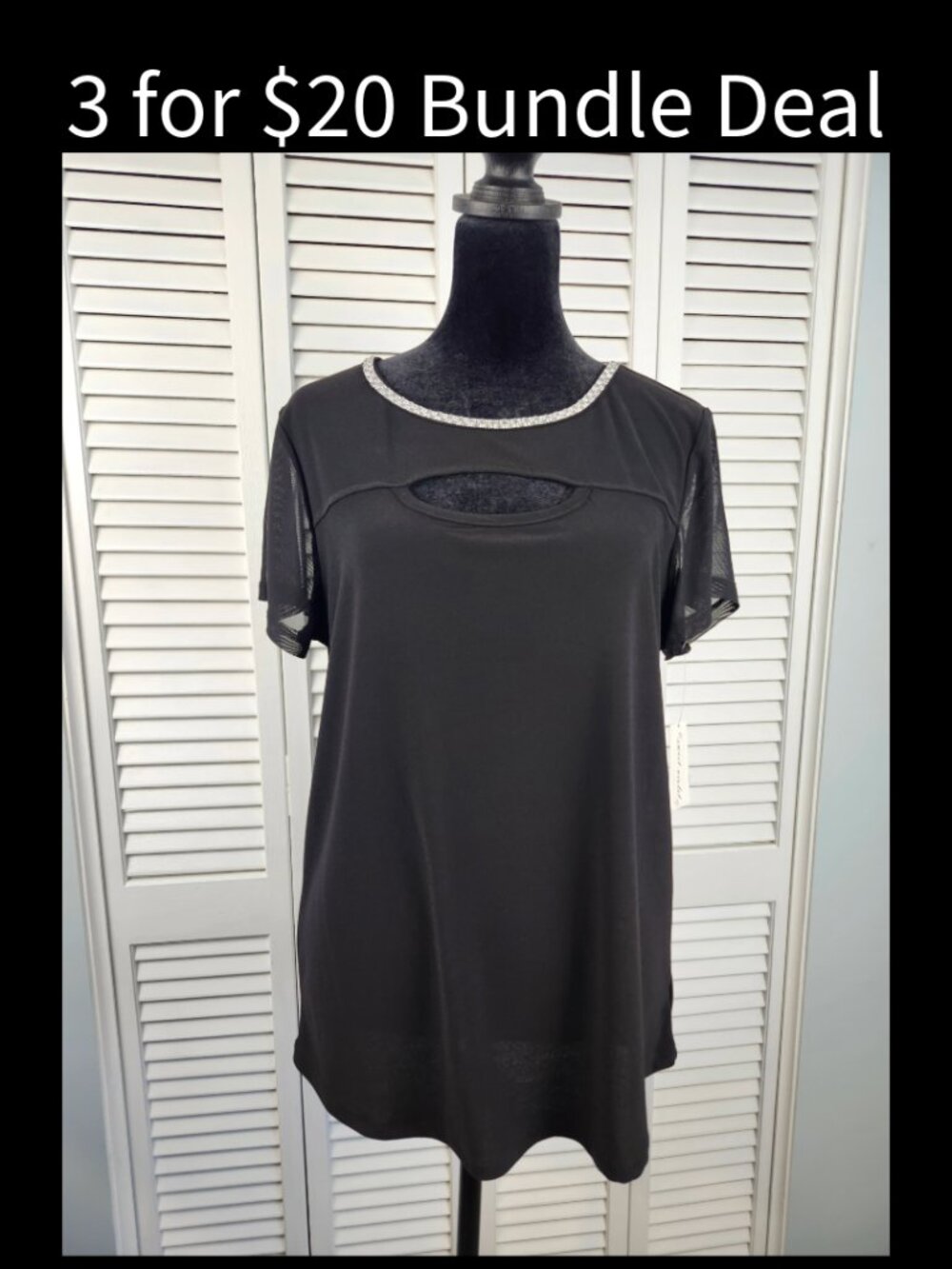 Sweet Violet Sequin Trim Keyhole Top Black Size Medium NWT Short Sheer Sleeve